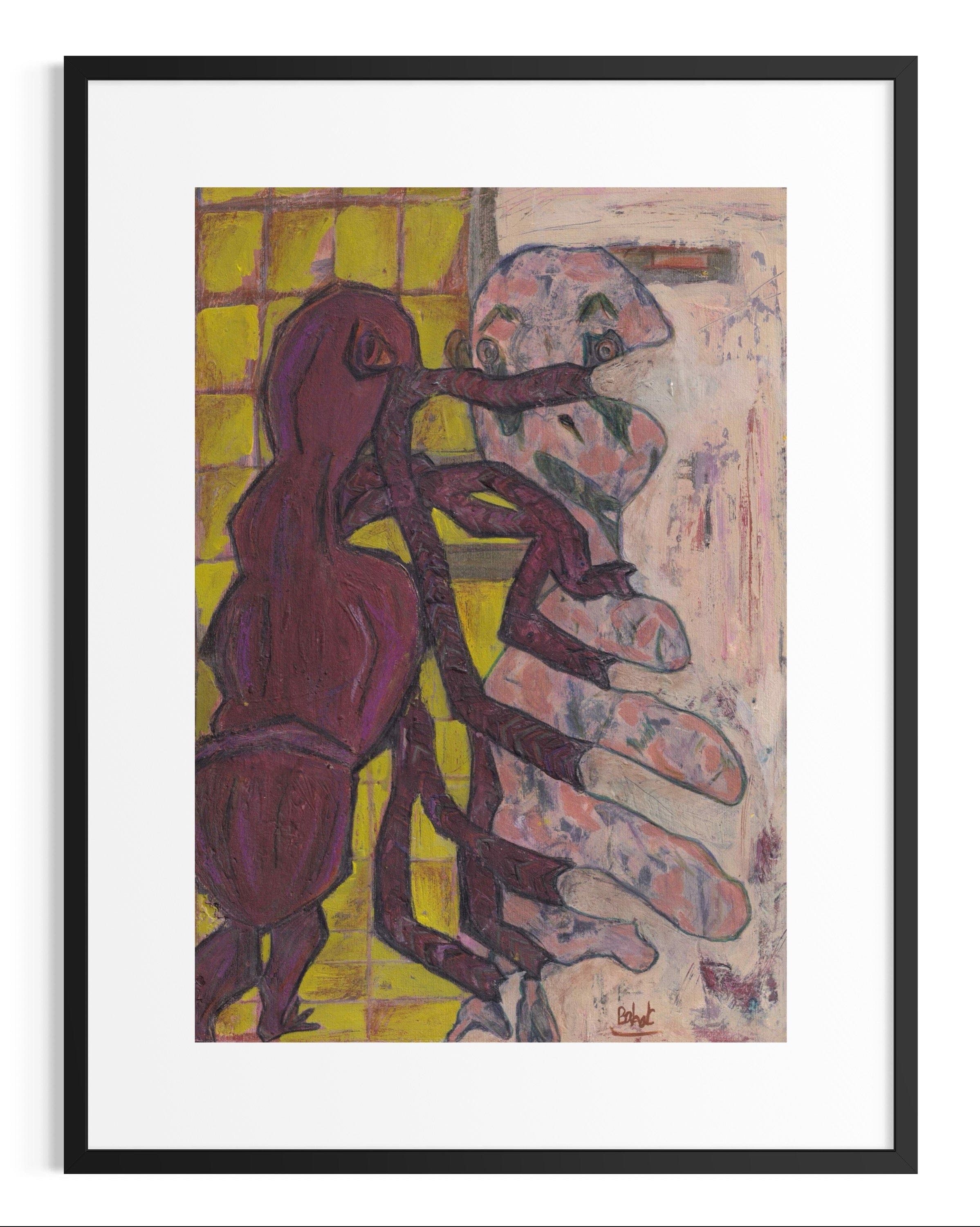 Abstract artwork with two figures on a yellow background